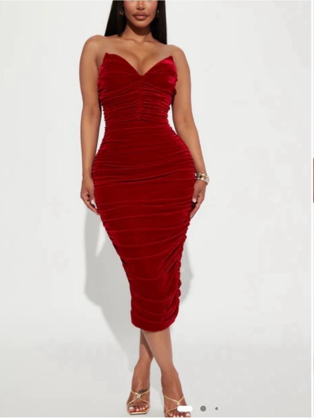 Fashion Nova Strapless Ruched Velvet Midi Dress in Red